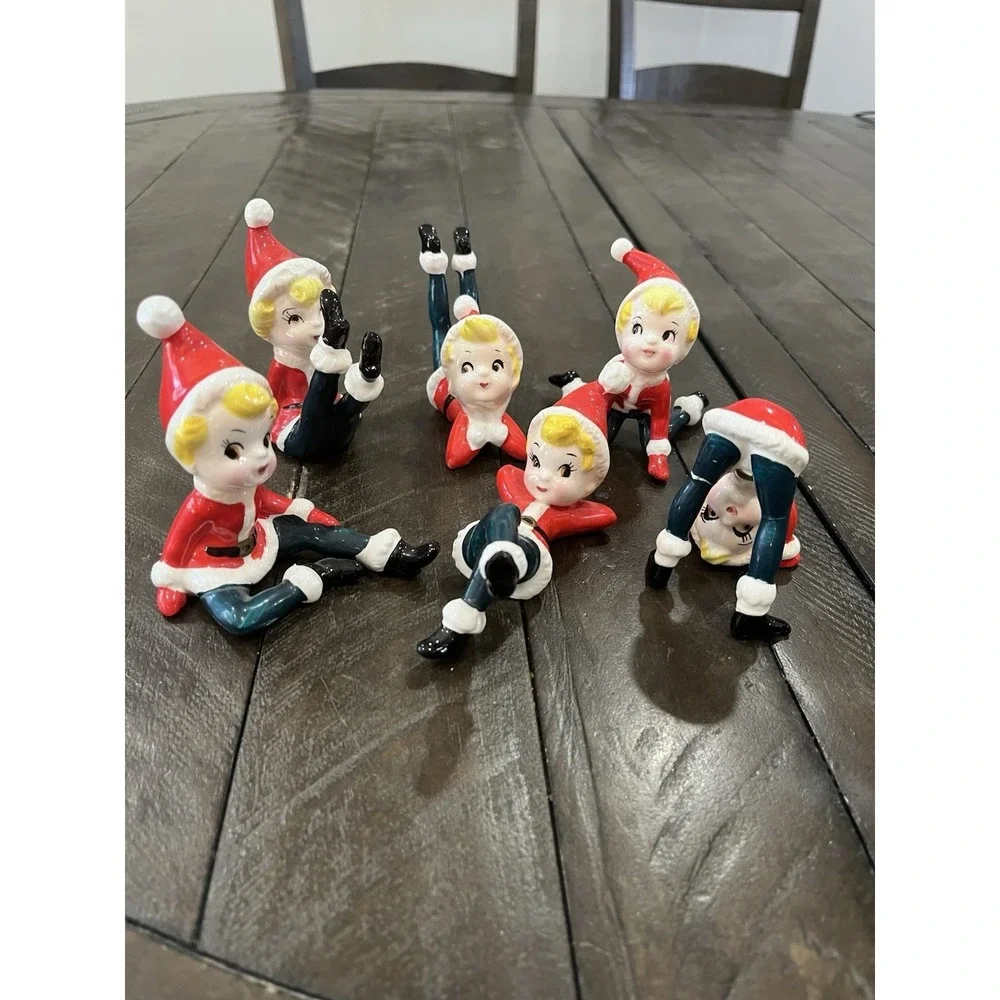 Complete Set of 6 Vintage Christmas Tumbling Elf Pixie Figurines Japan As‎ Is